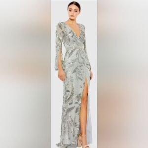 Mac Duggal 5222 Silver Sequined Faux Wrap Long Sleeve Gown NWOT Size 20 Gray